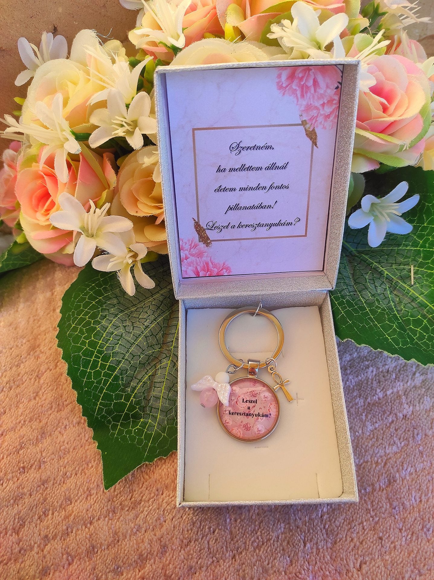 Keresztanya felkérő kulcstartó rózsakvarc